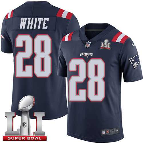 Youth Nike New England Patriots #28 James White Navy Blue Super Bowl LI 51 Stitched NFL Limited Rush Jersey