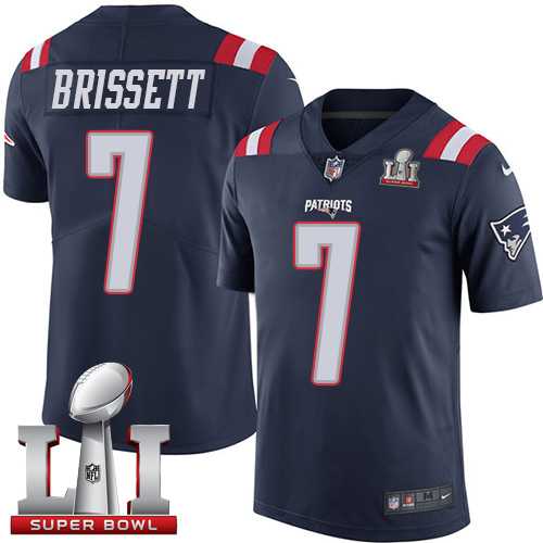 Youth Nike New England Patriots #7 Jacoby Brissett Navy Blue Super Bowl LI 51 Stitched NFL Limited Rush Jersey