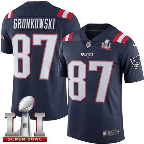 Youth Nike New England Patriots #87 Rob Gronkowski Navy Blue Super Bowl LI 51 Stitched NFL Limited Rush Jersey