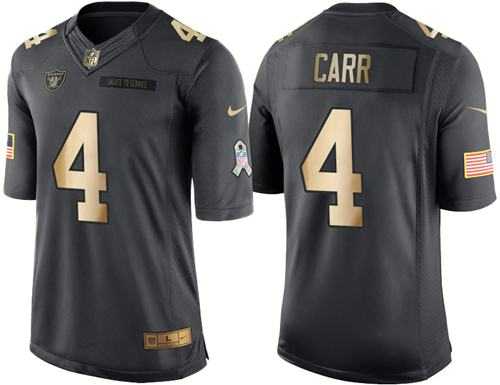 Youth Nike Oakland Raiders #4 Derek Carr Anthracite Stitched NFL Limited Gold Salute to Service Jersey
