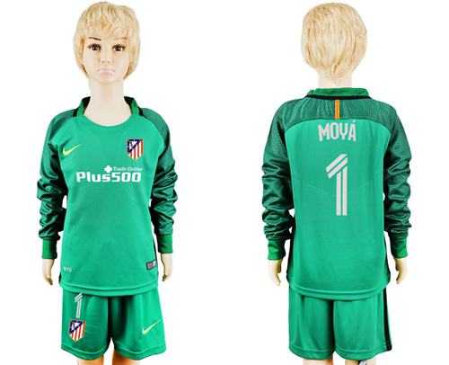 Atletico Madrid #1 Moya Green Long Sleeves Kid Soccer Club Jersey