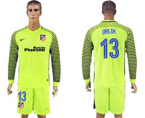 Atletico Madrid #13 Oblak Shiny Green Goalkeeper Long Sleeves Soccer Club Jersey