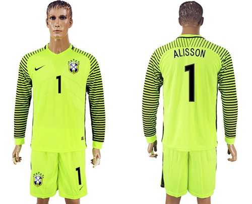 Brazil #1 Alisson Shiny Green Long Sleeves Goalkeeper Soccer Country Jersey