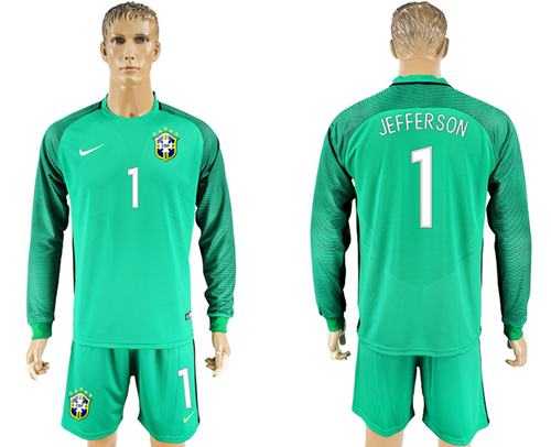 Brazil #1 Jefferson Green Goalkeeper Long Sleeves Soccer Country Jersey