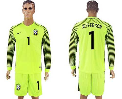 Brazil #1 Jefferson Shiny Green Long Sleeves Goalkeeper Soccer Country Jersey