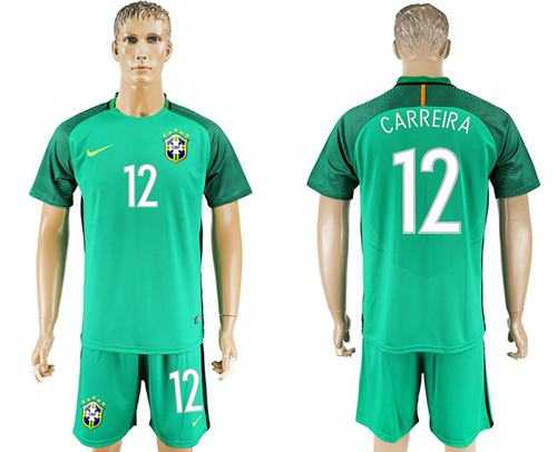 Brazil #12 Carreira Green Goalkeeper Soccer Country Jersey