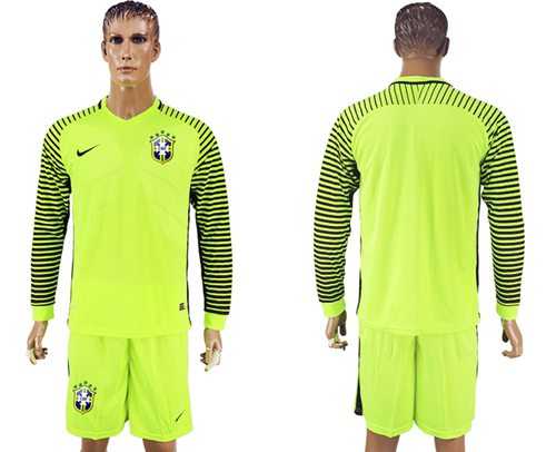 Brazil Blank Shiny Green Long Sleeves Goalkeeper Soccer Country Jersey