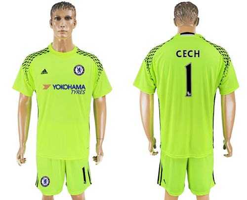 Chelsea #1 Cech Shiny Green Goalkeeper Soccer Club Jersey