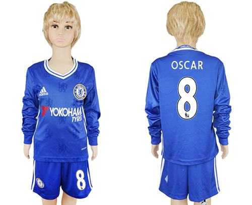 Chelsea #8 Oscar Home Long Sleeves Kid Soccer Club Jersey
