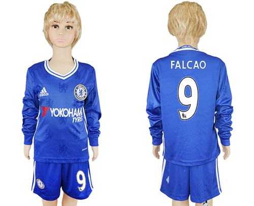 Chelsea #9 Falcao Home Long Sleeves Kid Soccer Club Jersey