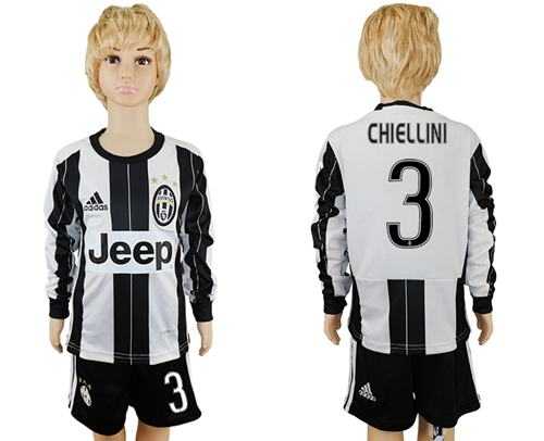 Juventus #3 Chiellini Home Long Sleeves Kid Soccer Club Jersey