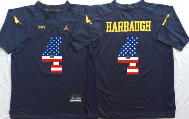 Michigan Wolverines #4 Jim Harbaugh Navy USA Flag College Jersey