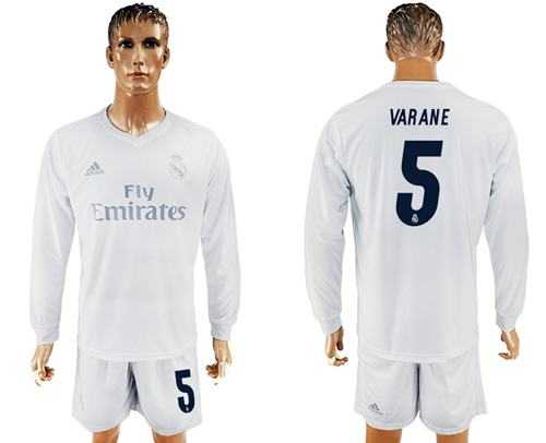 Real Madrid #5 Varane Marine Environmental Protection Home Long Sleeves Soccer Club Jersey