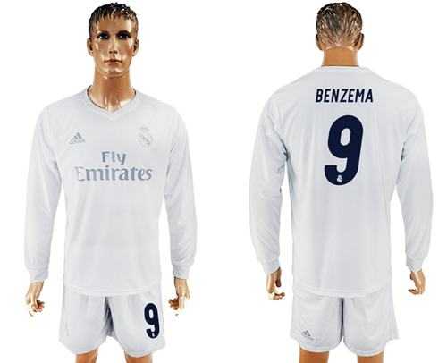 Real Madrid #9 Benzema Marine Environmental Protection Home Long Sleeves Soccer Club Jersey