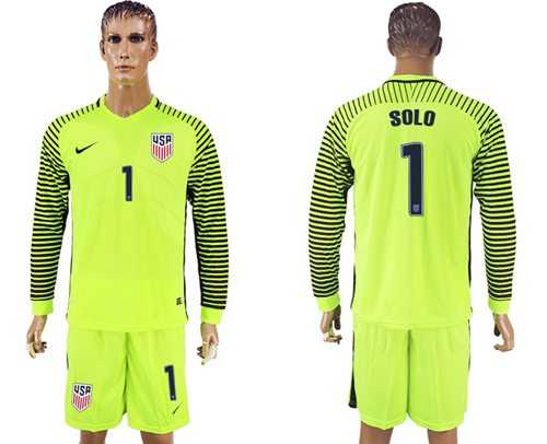 USA #1 Solo Shiny Green Long Sleeves Goalkeeper Soccer Country Jersey