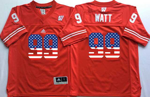 Wisconsin Badgers #99 J.J. Watt Red USA Flag College Jersey