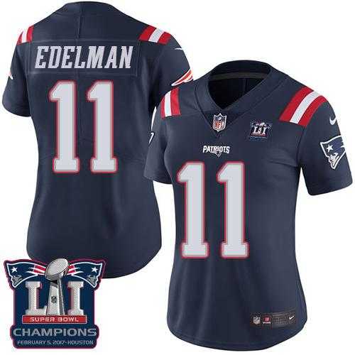Women's Nike New England Patriots #11 Julian Edelman Navy Blue Super Bowl LI Champions Stitched NFL Limited Rush Jersey