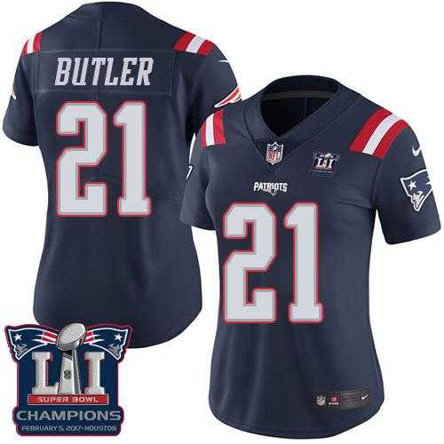 Women's Nike New England Patriots #21 Malcolm Butler Navy Blue Super Bowl LI Champions Stitched NFL Limited Rush Jersey
