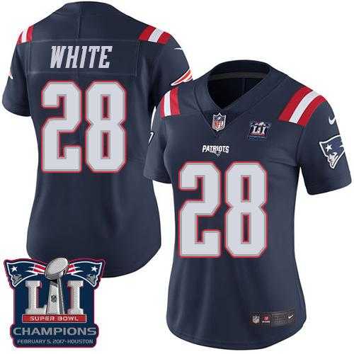 Women's Nike New England Patriots #28 James White Navy Blue Super Bowl LI Champions Stitched NFL Limited Rush Jersey