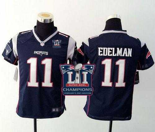Youth Nike New England Patriots #11 Julian Edelman Navy Blue Team Color Super Bowl LI Champions Stitched NFL New Elite Jersey
