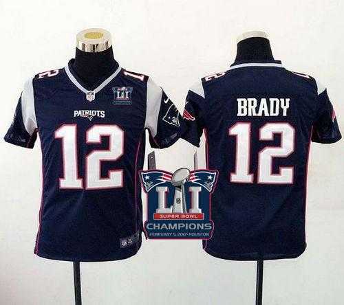 Youth Nike New England Patriots #12 Tom Brady Navy Blue Team Color Super Bowl LI Champions Stitched NFL New Elite Jersey
