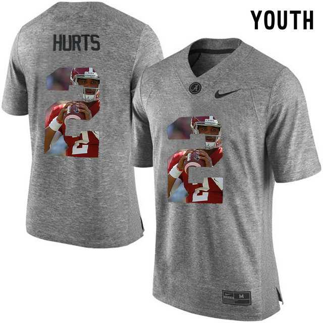 Alabama Crimson Tide #2 Jalen Hurts Gray With Portrait Print Youth College Football Jersey