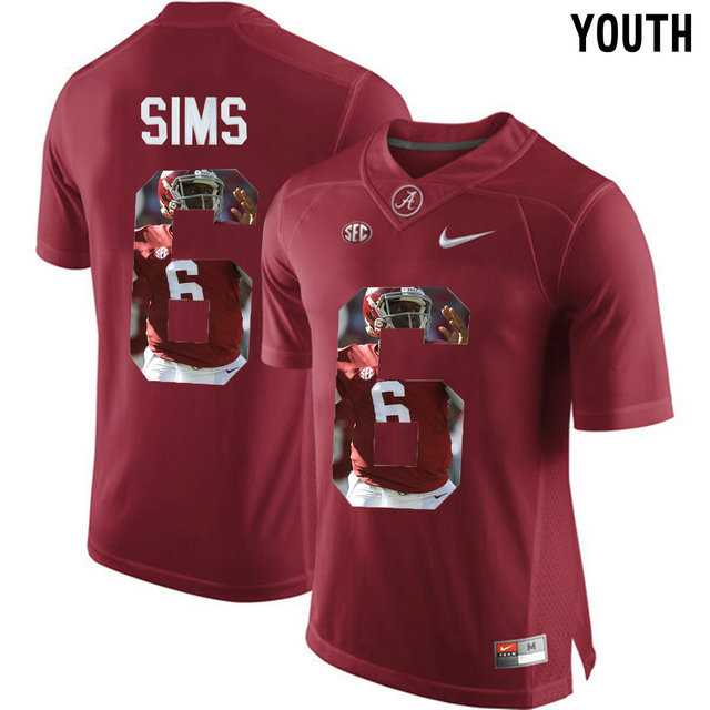 Alabama Crimson Tide #6 Blake Sims Red With Portrait Print Youth College Football Jersey