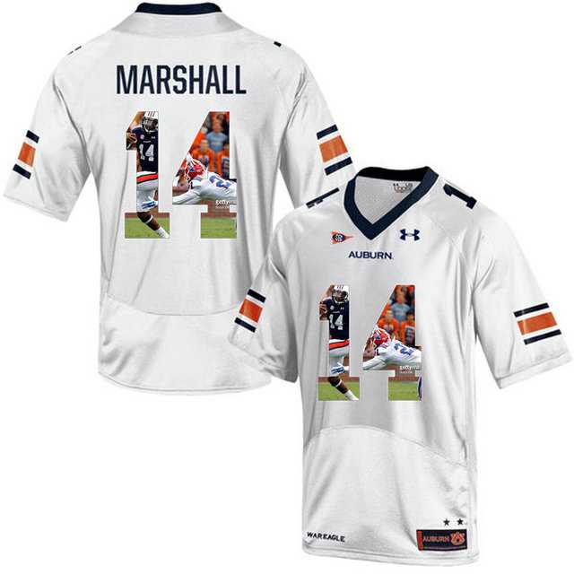 Auburn Tigers #14 Nick Marshall White With Portrait Print College Football Jersey2