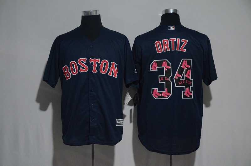 Boston Red Sox #34 David Ortiz Navy Team Logo Print Cool Base Stitched Baseball Jersey