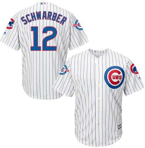 Chicago Cubs #12 Kyle Schwarber White Strip New Cool Base with 100 Years at Wrigley Field Commemorative Patch Stitched MLB Jersey