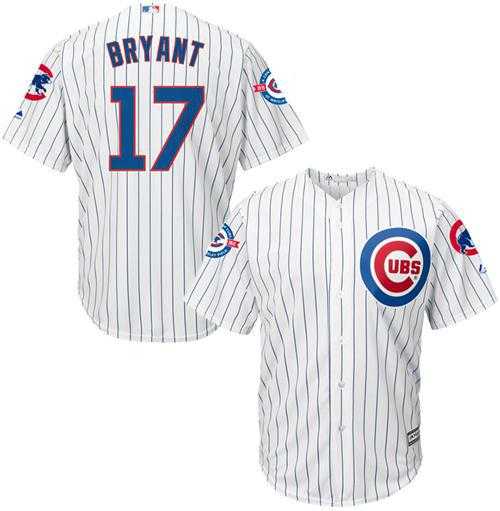 Chicago Cubs #17 Kris Bryant White Strip New Cool Base with 100 Years at Wrigley Field Commemorative Patch Stitched MLB Jersey