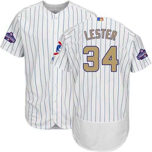 Chicago Cubs #34 Jon Lester White(Blue Strip) Flexbase Authentic 2017 Gold Program Stitched MLB Jersey