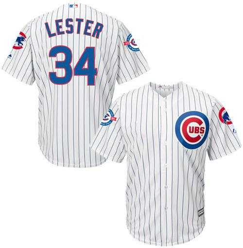 Chicago Cubs #34 Jon Lester White Strip New Cool Base with 100 Years at Wrigley Field Commemorative Patch Stitched MLB Jersey