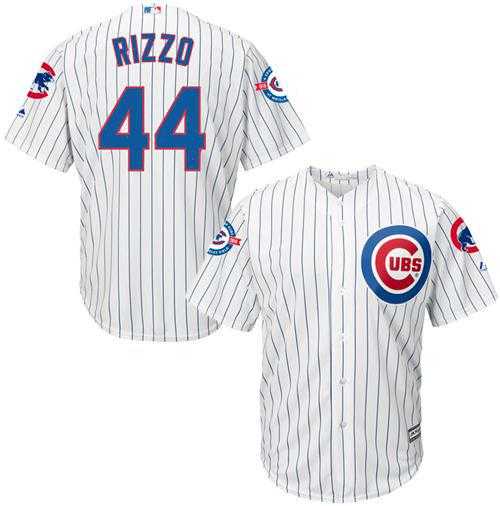 Chicago Cubs #44 Anthony Rizzo White Strip New Cool Base with 100 Years at Wrigley Field Commemorative Patch Stitched MLB Jersey