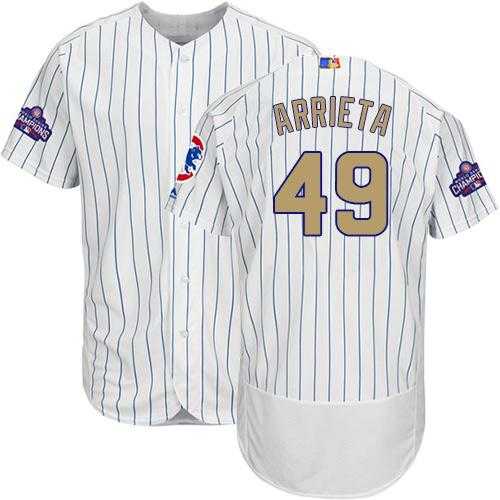 Chicago Cubs #49 Jake Arrieta White(Blue Strip) Flexbase Authentic 2017 Gold Program Stitched MLB Jersey