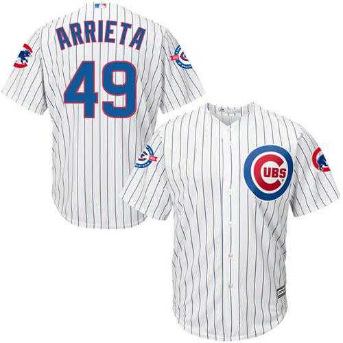 Chicago Cubs #49 Jake Arrieta White Strip New Cool Base with 100 Years at Wrigley Field Commemorative Patch Stitched MLB Jersey