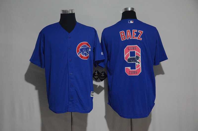 Chicago Cubs #9 Javier Baez Blue Team Logo Print Cool Base Stitched Baseball Jersey
