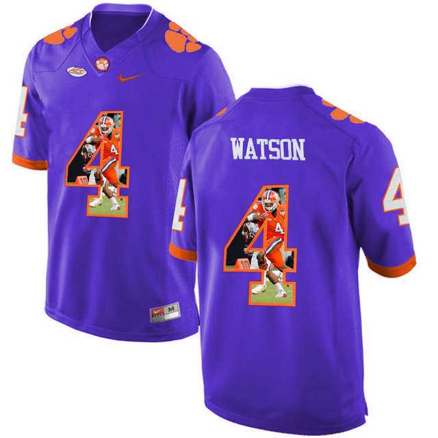 Clemson Tigers #4 DeShaun Watson Purple With Portrait Print College Football Jersey