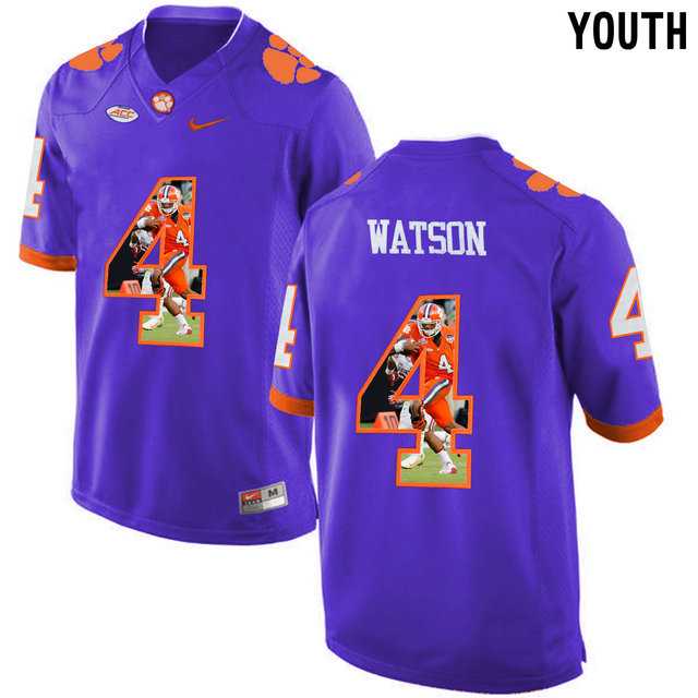 Clemson Tigers #4 DeShaun Watson Purple With Portrait Print Youth College Football Jersey