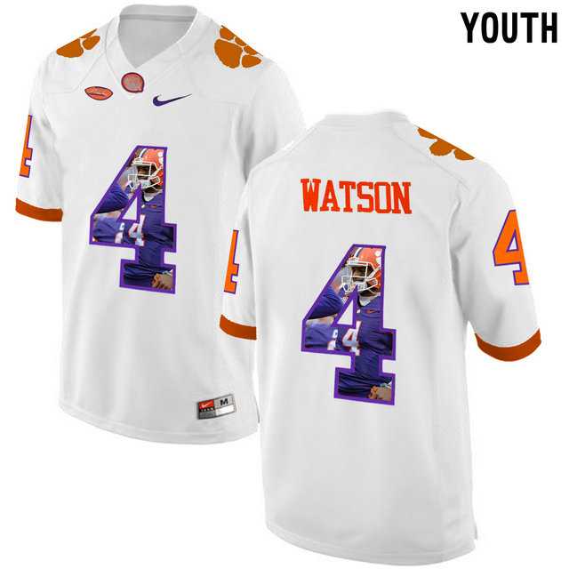 Clemson Tigers #4 DeShaun Watson White With Portrait Print Youth College Football Jersey