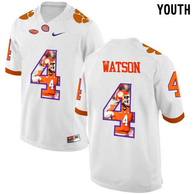 Clemson Tigers #4 DeShaun Watson White With Portrait Print Youth College Football Jersey2