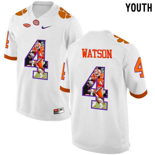 Clemson Tigers #4 DeShaun Watson White With Portrait Print Youth College Football Jersey5