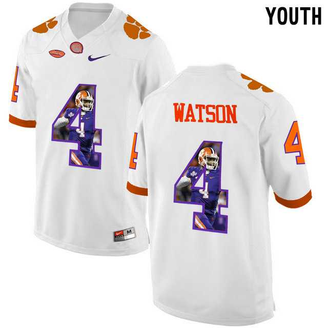 Clemson Tigers #4 DeShaun Watson White With Portrait Print Youth College Football Jersey6