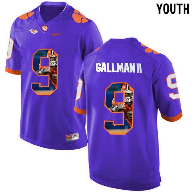 Clemson Tigers #9 Wayne Gallman II Purple With Portrait Print Youth College Football Jersey5