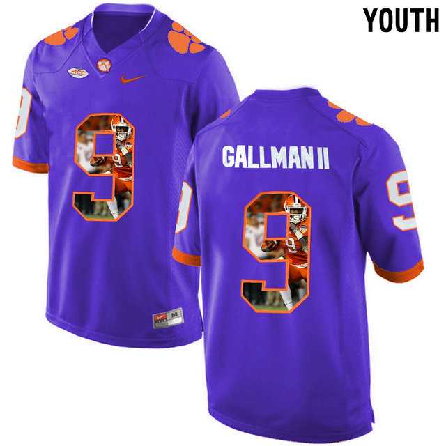 Clemson Tigers #9 Wayne Gallman II Purple With Portrait Print Youth College Football Jersey6