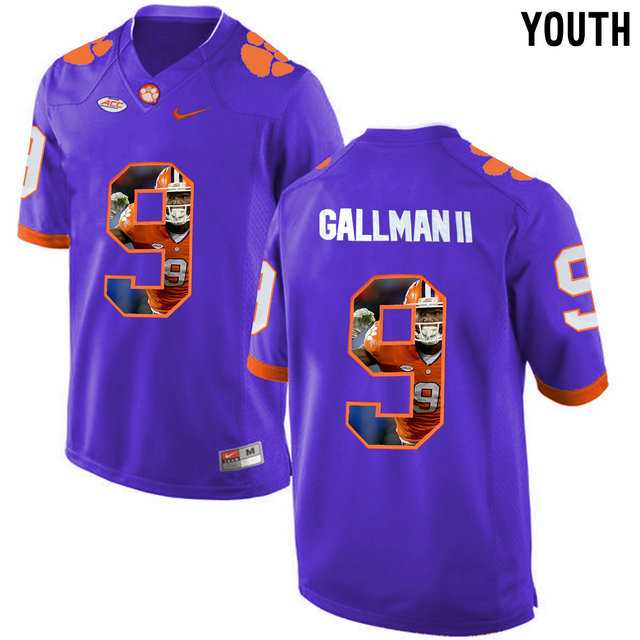 Clemson Tigers #9 Wayne Gallman II Purple With Portrait Print Youth College Football Jersey7