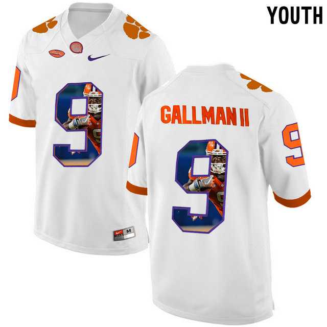 Clemson Tigers #9 Wayne Gallman II White With Portrait Print Youth College Football Jersey2