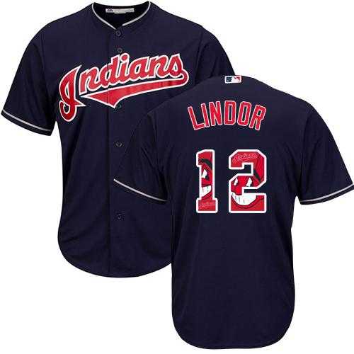 Cleveland Indians #12 Francisco Lindor Navy Blue Team Logo Fashion Stitched MLB Jersey