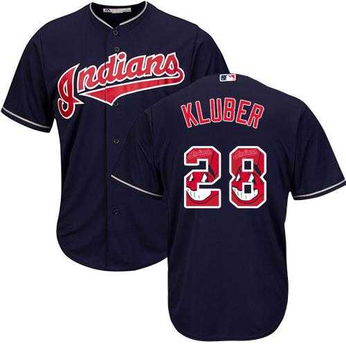 Cleveland Indians #28 Corey Kluber Navy Blue Team Logo Fashion Stitched MLB Jersey