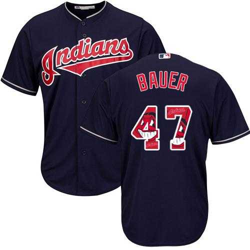 Cleveland Indians #47 Trevor Bauer Navy Blue Team Logo Fashion Stitched MLB Jersey